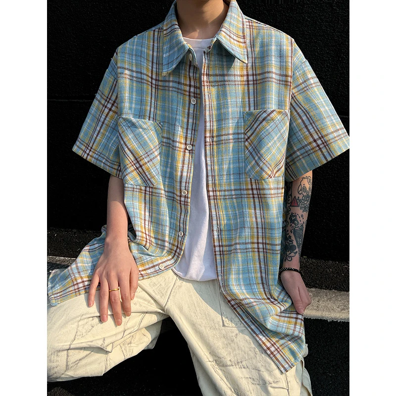 格子短袖衬衫男款夏季潮流百搭工装衬衣宽松氛围感五分袖休闲上衣