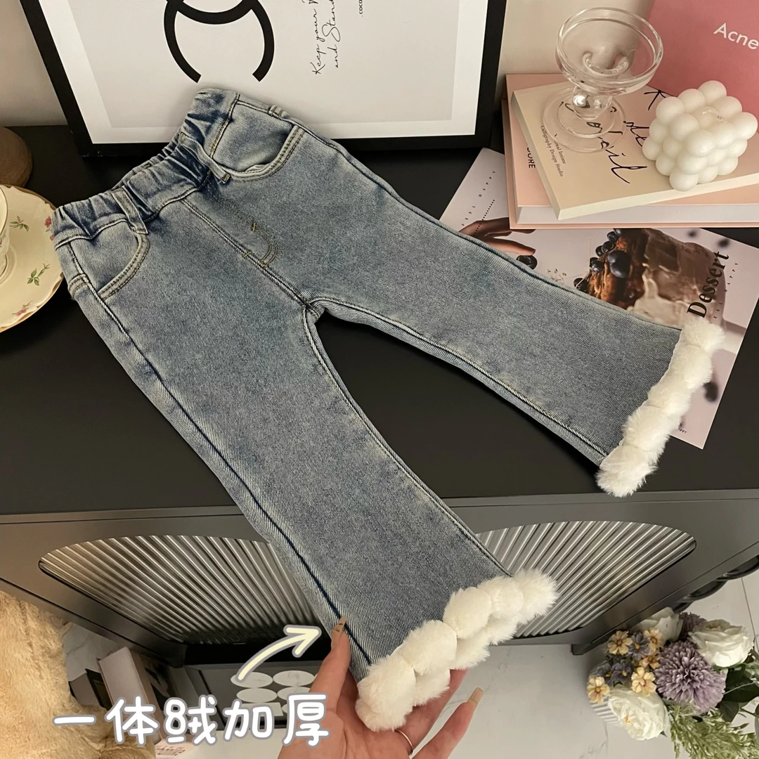 女童冬季新款韩版洋气加厚一体绒牛仔喇叭裤C10821