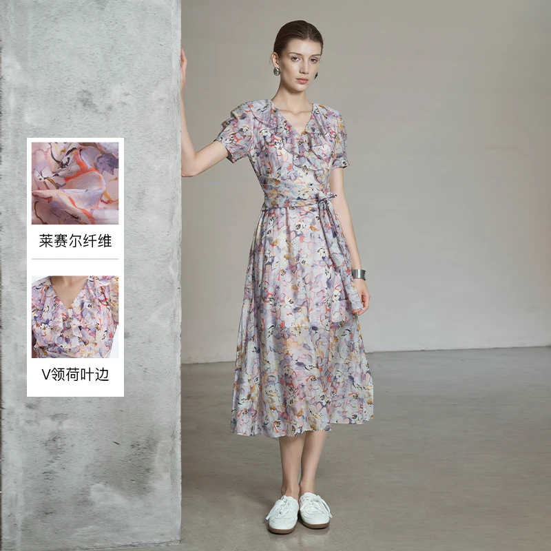 ANMANI恩曼琳25夏季新款荷叶边收腰田园碎花度假风连衣裙EANFBA40