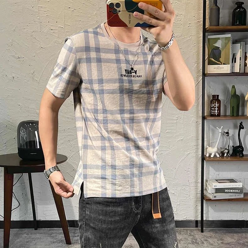 夏季恤格子短袖男夏季新款字母图案刺绣青年恤男装圆领衣