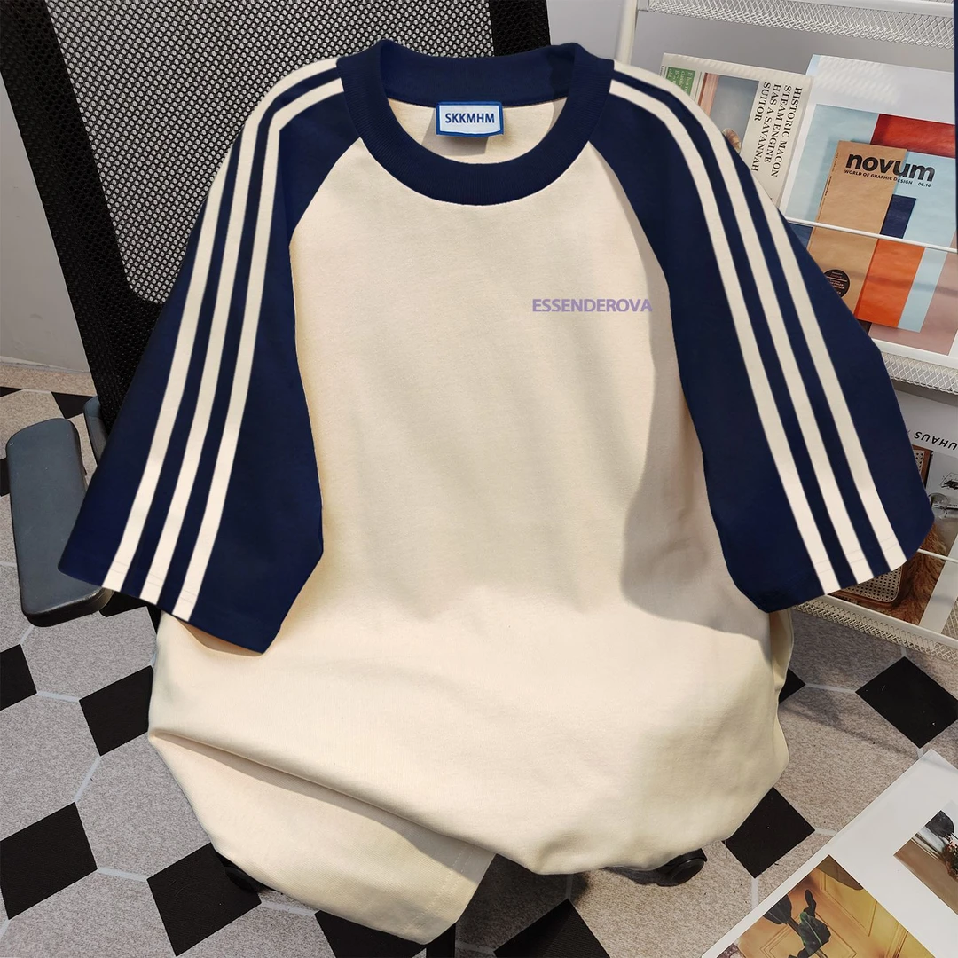 100%纯棉美式复古字母印花三条杠短袖t恤女夏季宽松情侣上衣ins潮