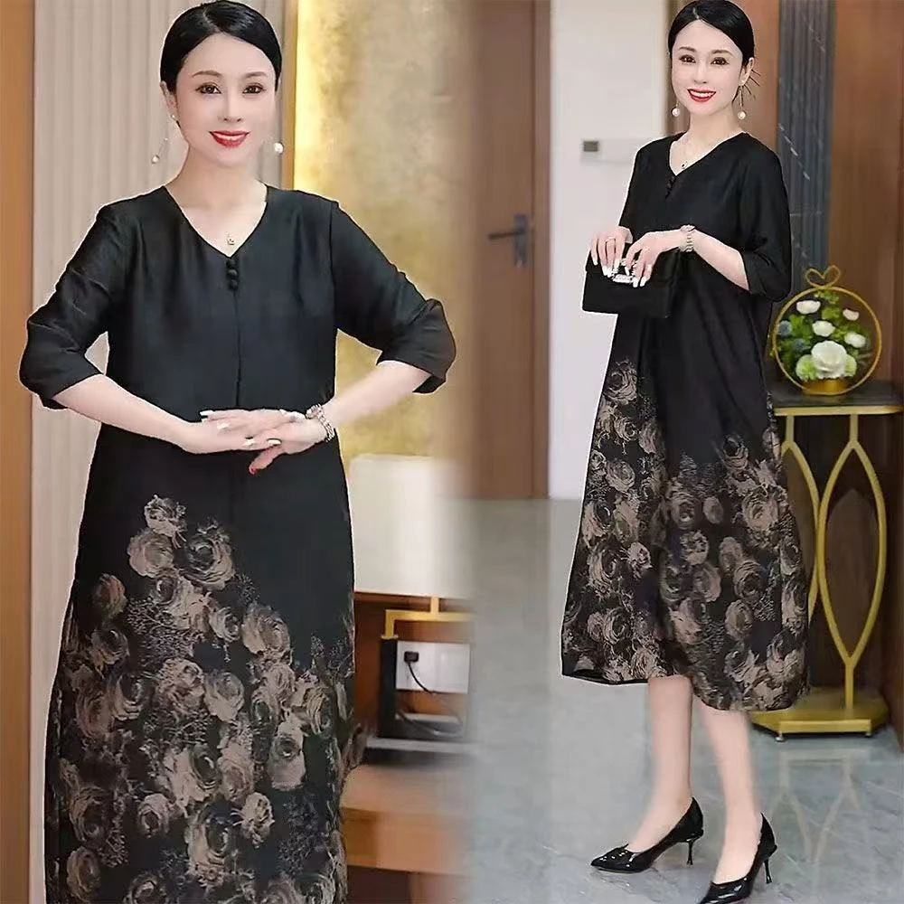 中老年大码夏季中长款过膝洋气宽松遮肉气质连衣裙