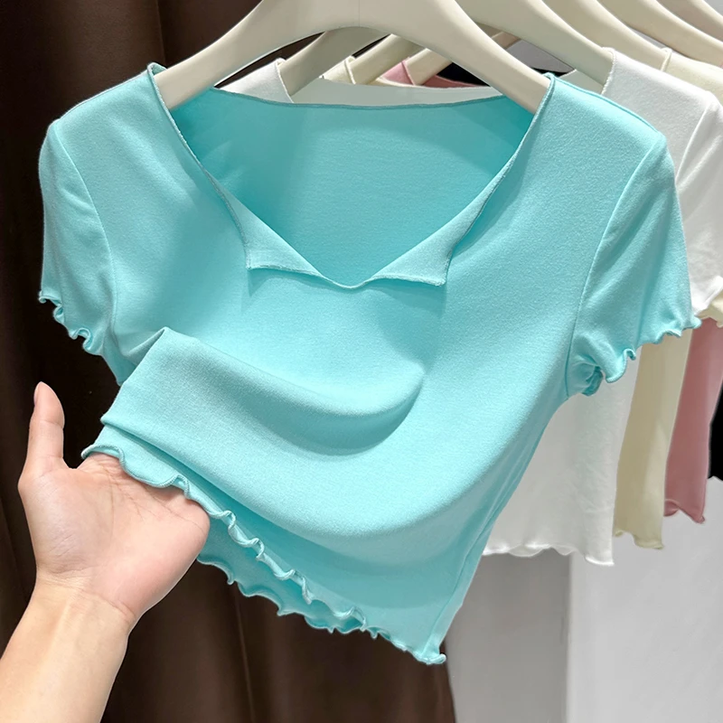 木耳边修身正肩短袖短款T恤女紧身弹力蓝色低V领上衣夏款气质瘦身