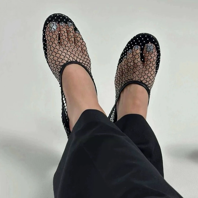 韩版凉拖女外穿25年夏季新款圆头水钻渔网镂空懒人一脚蹬平底单鞋