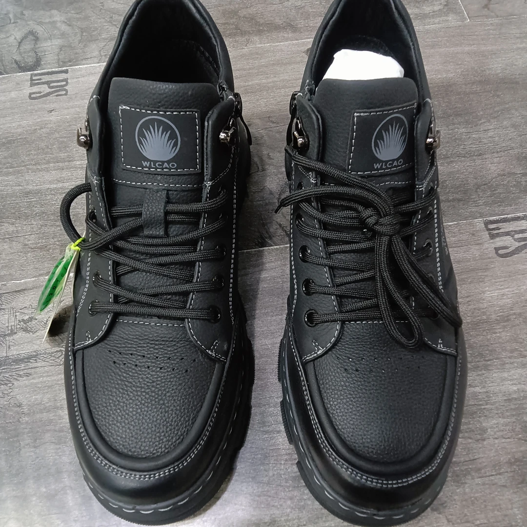 高帮休闲风车缝线真牛皮马丁靴男士百搭冬季加绒保暖工装靴