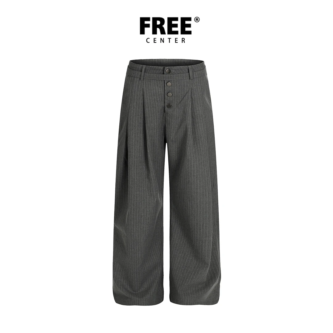 Free Center美式复古设计排扣休闲西裤垂坠阔腿裤男女同款拖地裤