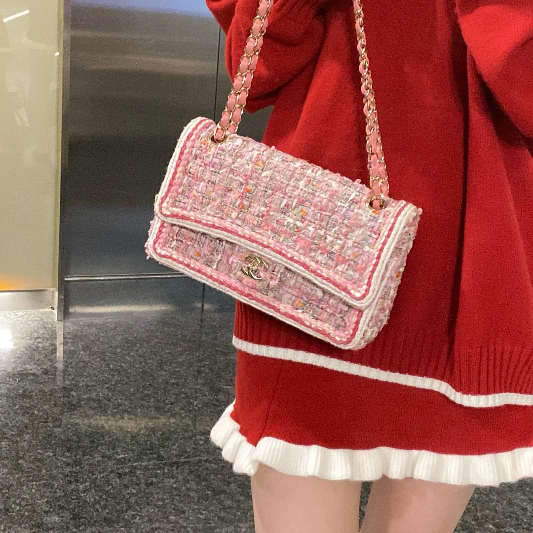 95新 Chanel/香奈儿 chanel毛呢编织cf金扣中号带卡