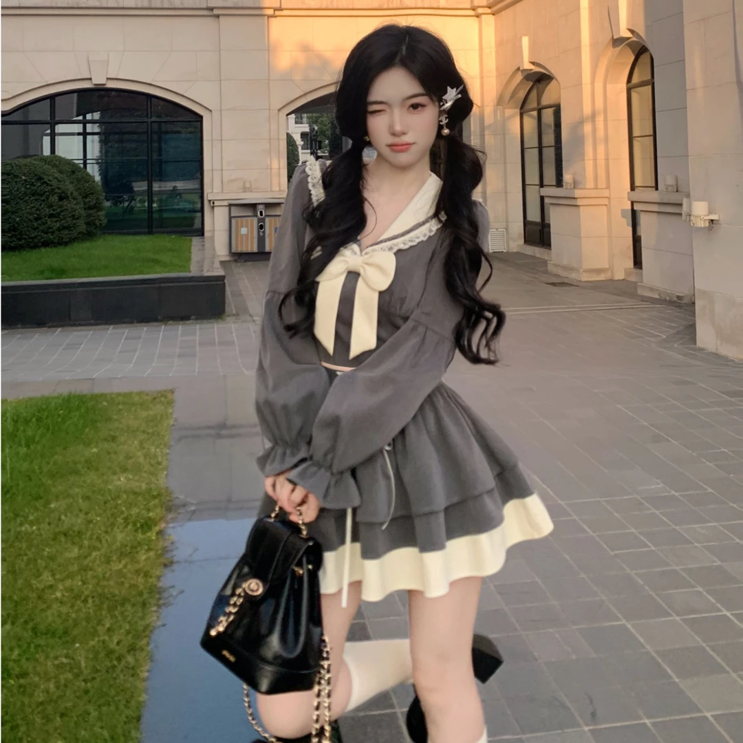 学院蝴蝶结JK时尚套装2025秋季新款海军领收腰显瘦短款上衣半身裙