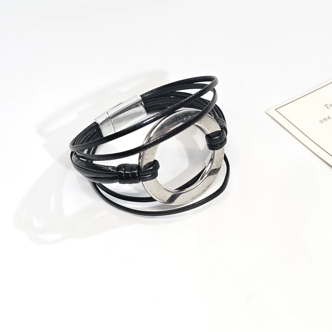 铜合金皮质手镯 07541极简设计感圆环多层皮绳磁吸手镯