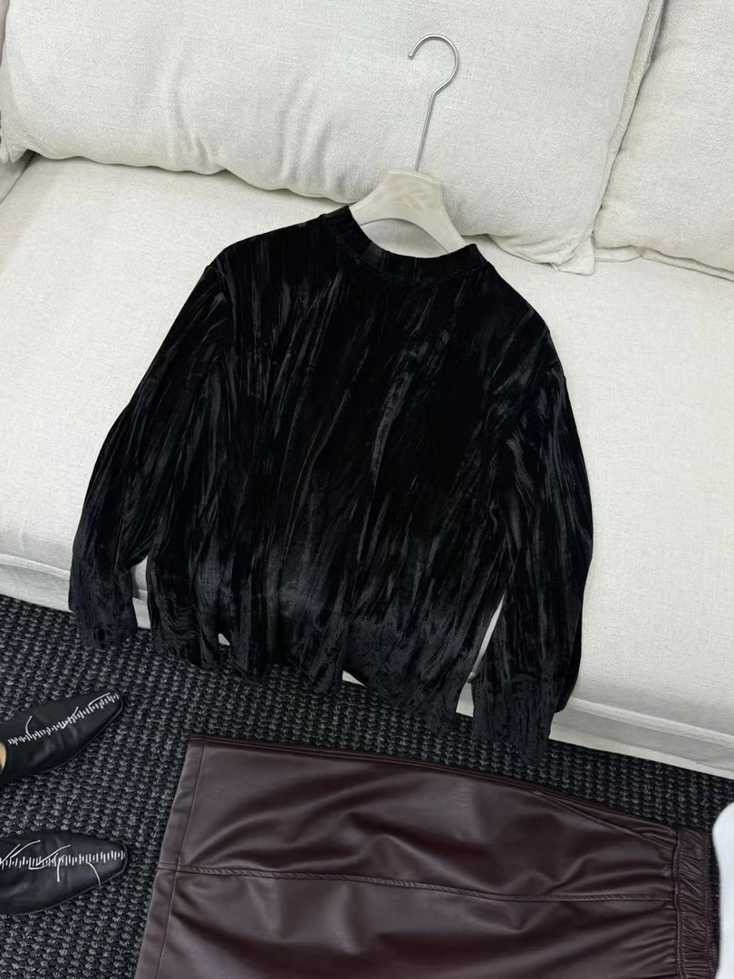 【渡意】丝绒圆领女常规型长款宽松型长袖修身型T恤极简百搭风