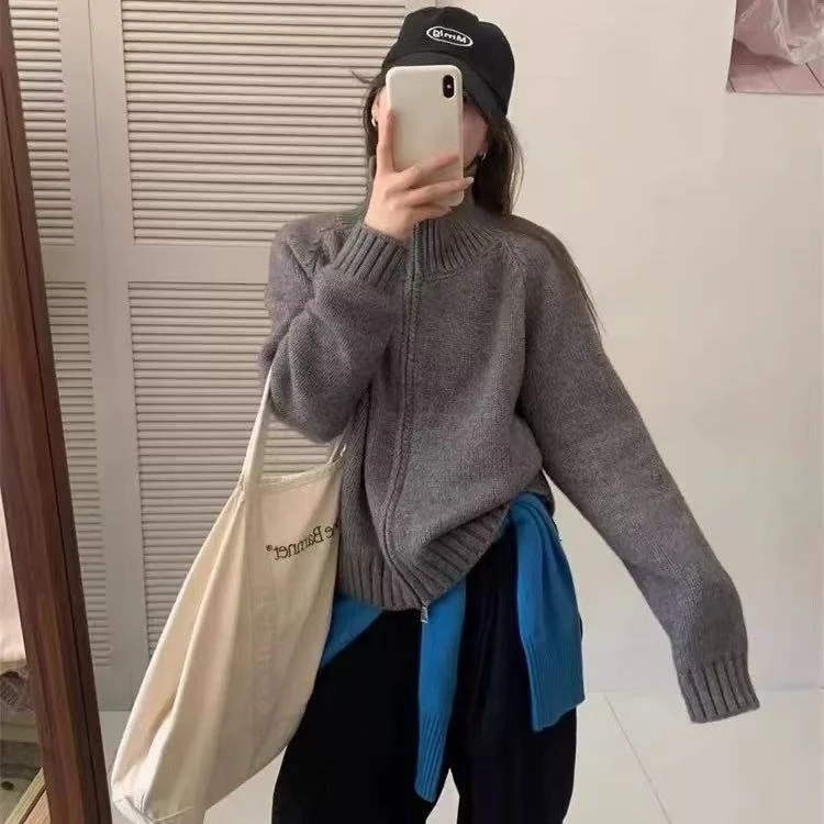 【优质面料】韩系简约高领拉链毛衣开衫女秋冬宽松短款针织外套加厚