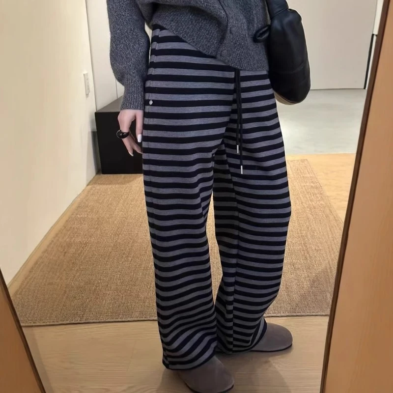 欧货加绒条纹休闲阔腿裤女冬季新款宽松时尚抽绳束脚两穿拖地长裤
