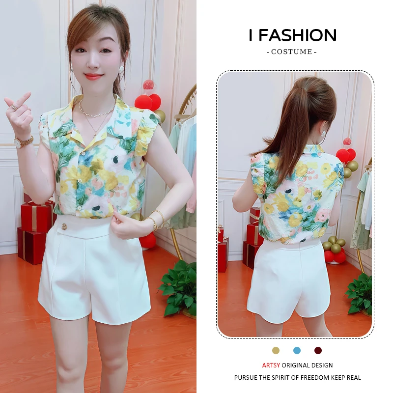 复古时尚港风碎花无袖衬衫女2025年夏季新款慵懒风洋气遮肉上衣潮