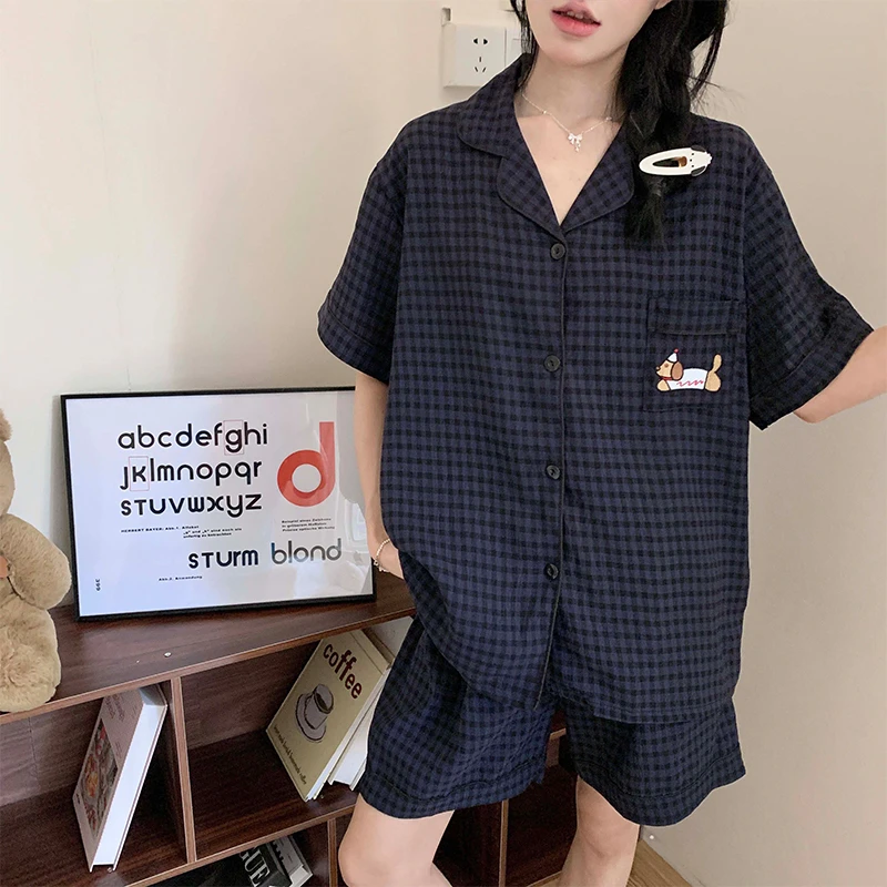 睡衣女夏季短袖开衫云朵棉高级感可外穿2025年新款格子家居服套装