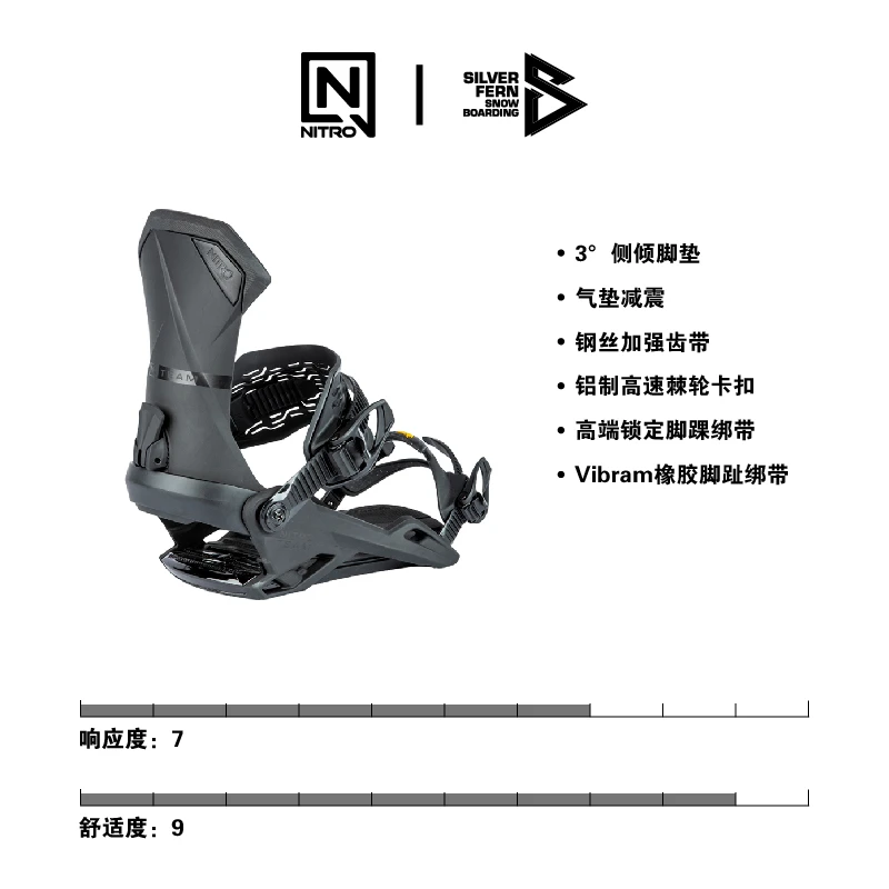 NITRO 24/25男款滑雪单板固定器TEAM经典全能银蕨滑雪