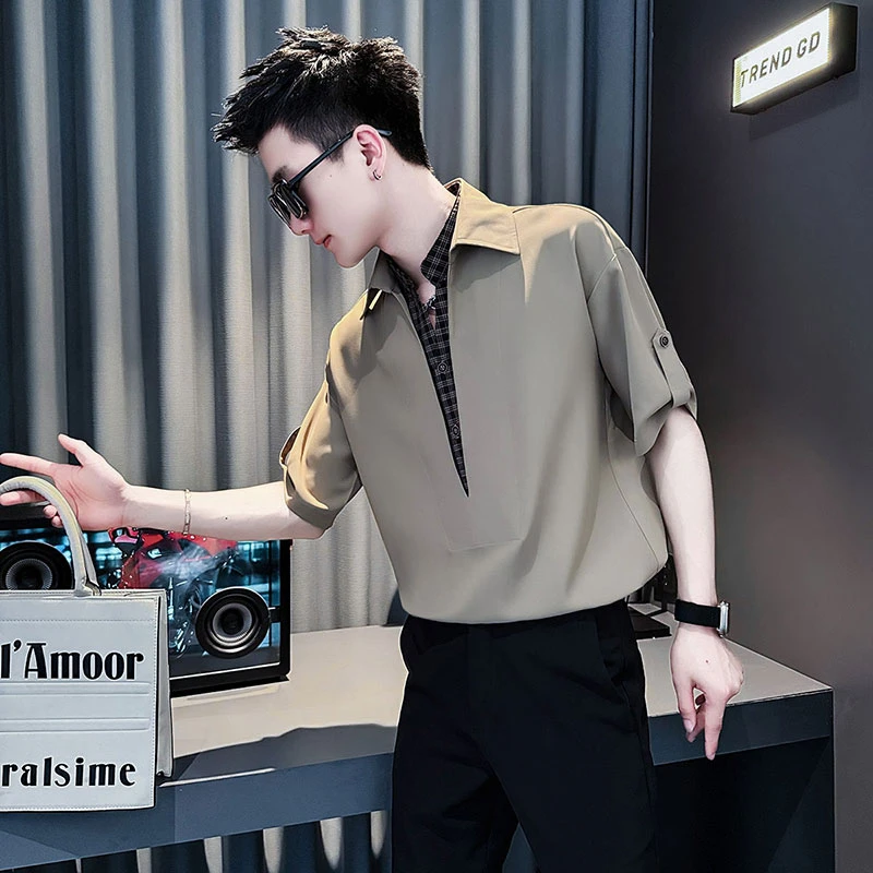 格子拼接假两件衬衫男士短袖夏季2025新款高级感男装英伦痞帅衬衣