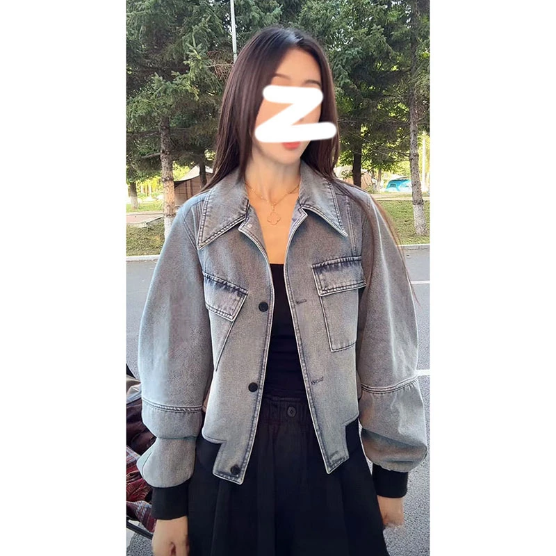 韩式复古气质重工水洗牛仔外套女秋季设计感小众宽松短款夹克上衣