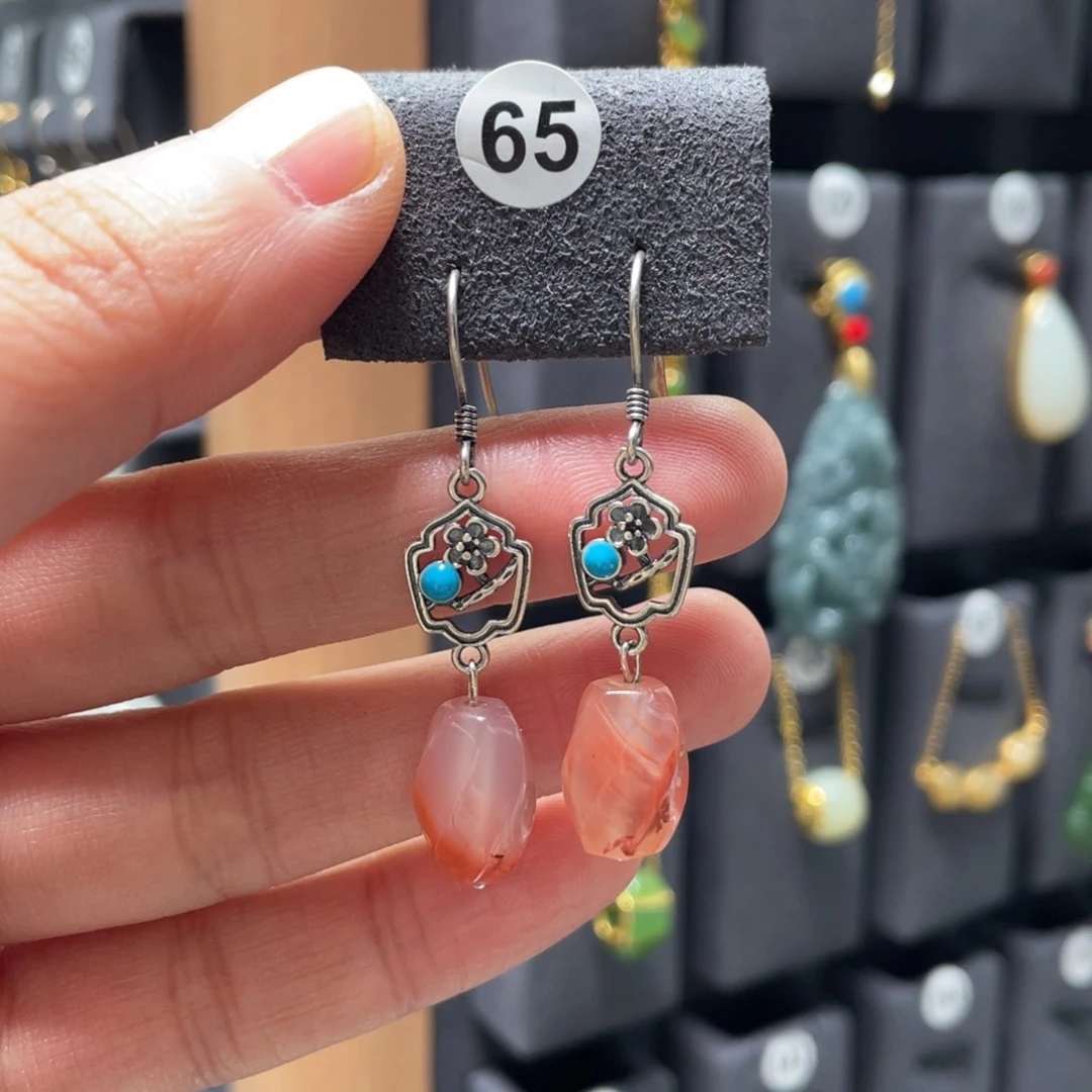 南红玛瑙耳饰银S925镶嵌0065