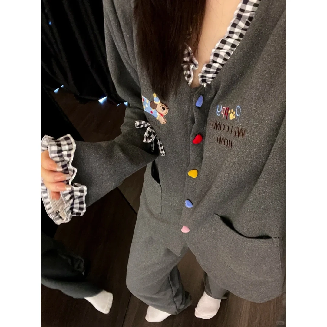 韩版甜美卡通小狗德绒睡衣女春秋季新款加绒加厚保暖家居服套装