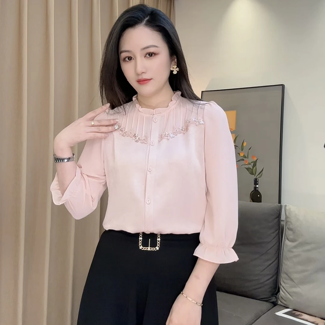 2561春秋新款设计感时尚百搭洋气遮肉显瘦女士七分袖衬衫