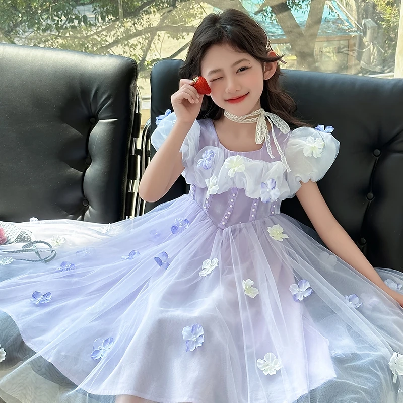 女童连衣裙夏装洋气女孩高端生日演出礼服重工立体花瓣网纱公主裙