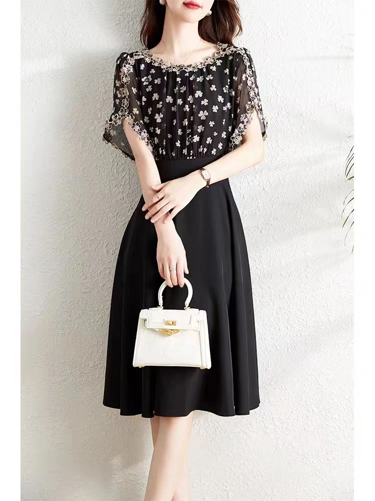 【W004黑花】2025时尚优雅不规则领型碎花蕾丝夏季连衣裙