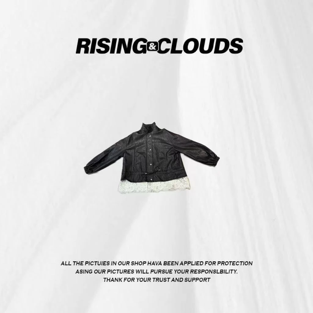 RISING&CLOUDS莎莎【痞】2025秋季显瘦时尚蕾丝抽绳皮衣090143
