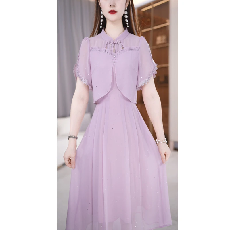 【连衣裙】夏季新款立领气质轻薄减龄中长款连衣裙M-4XL