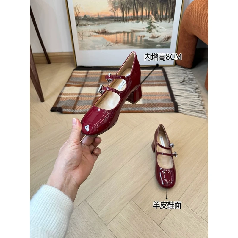 羊皮版8cm内增高软皮玛丽珍高跟鞋小个子法式双一字水钻扣单鞋女