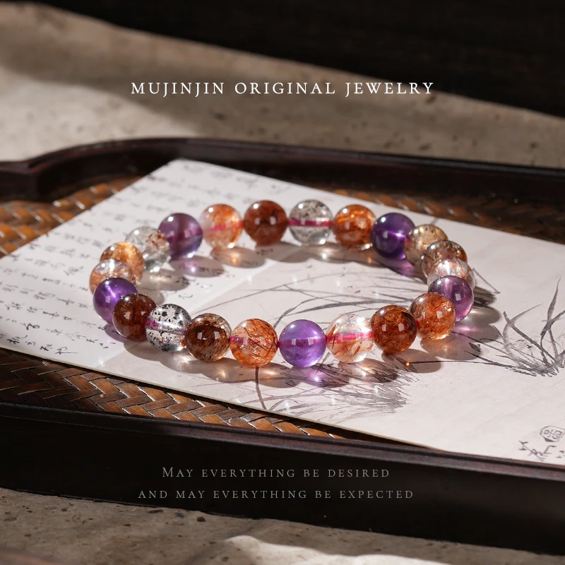 【木槿槿】天然水晶手串黑彩黑金超单圈串珠手链女款时尚饰品百搭