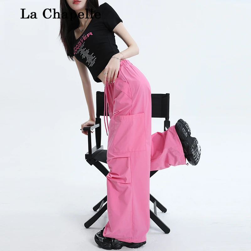 拉夏贝尔粉色工装裤女春夏季新款爆款休闲户外多巴胺玫红色阔腿裤