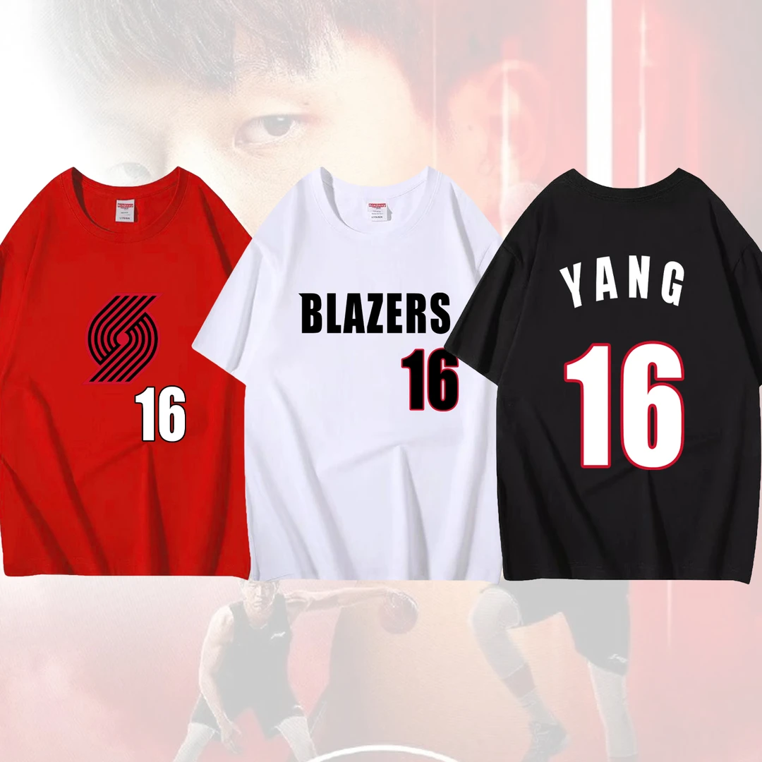 杨瀚森纯棉T恤开拓者重磅圆领短袖篮球宽松美式运动休闲男夏季潮