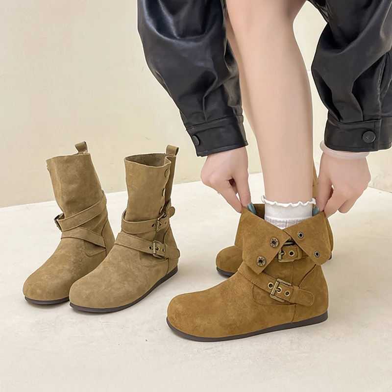 复古磨砂皮两穿短靴西部牛仔时装靴女2025秋冬新款简约舒适马丁靴