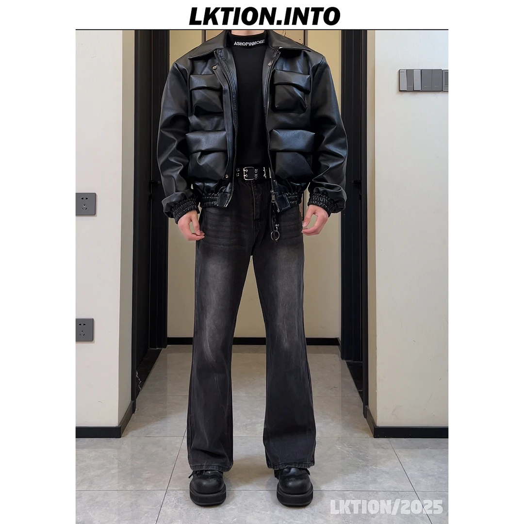 LK正品 巴家同款痞帅潮高级感直筒休闲微喇闪电纹破洞脚口牛仔裤