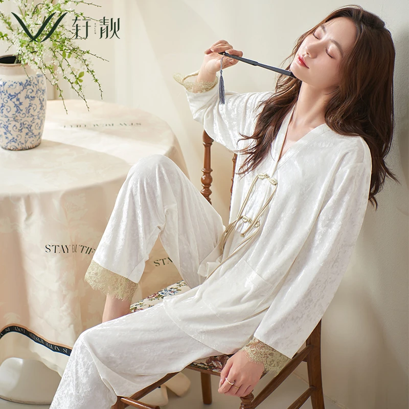 【金丝绒】睡衣女士春秋季秋款珊瑚绒长袖新中式保暖家居服秋冬套装