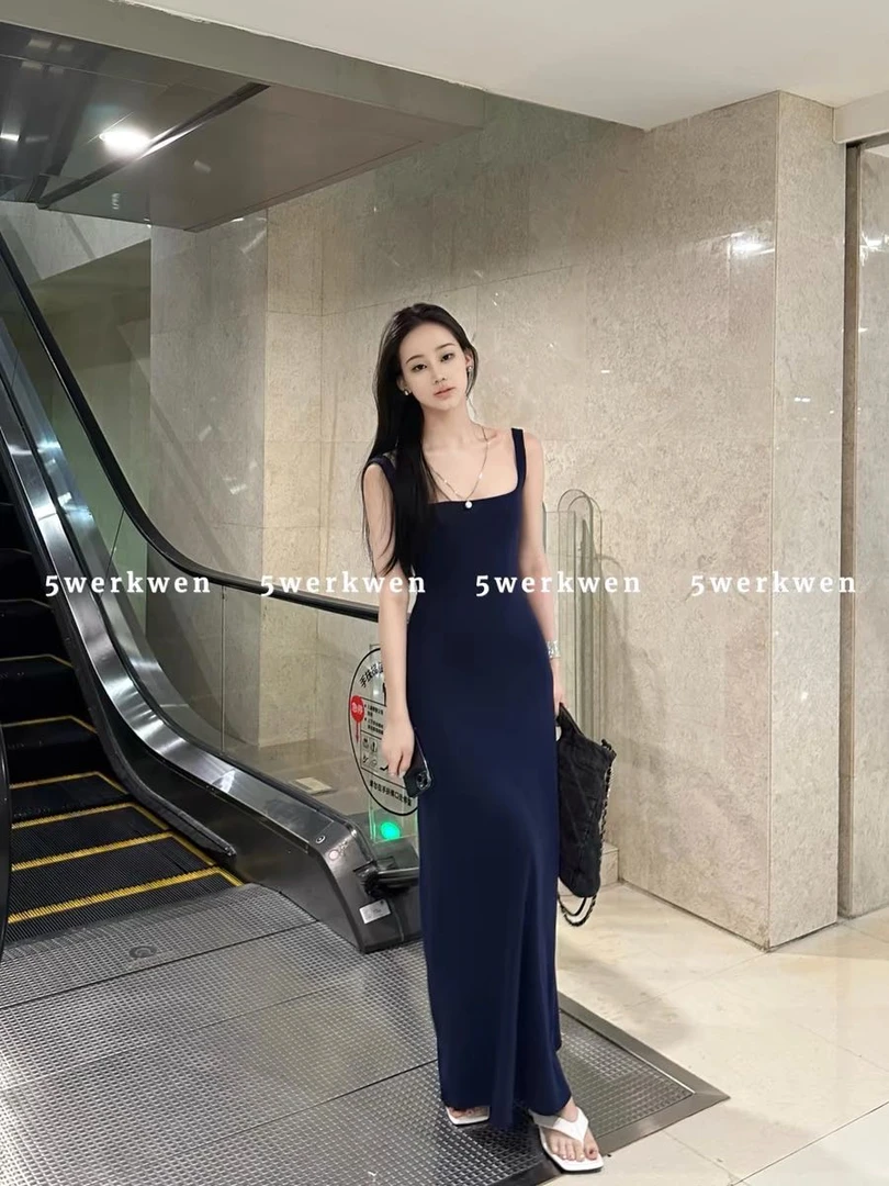 南法休闲度假慵懒法式风收腰长宽A字版宽肩带连衣裙