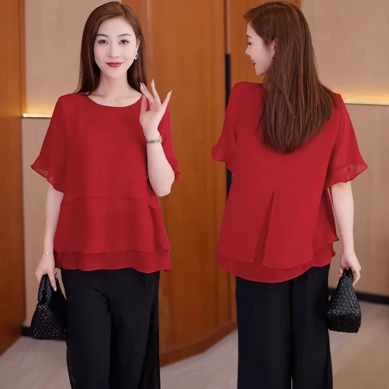 高级感妈妈遮肚子雪纺衫女士2025年夏季新款宽松时尚荷叶边上衣薄