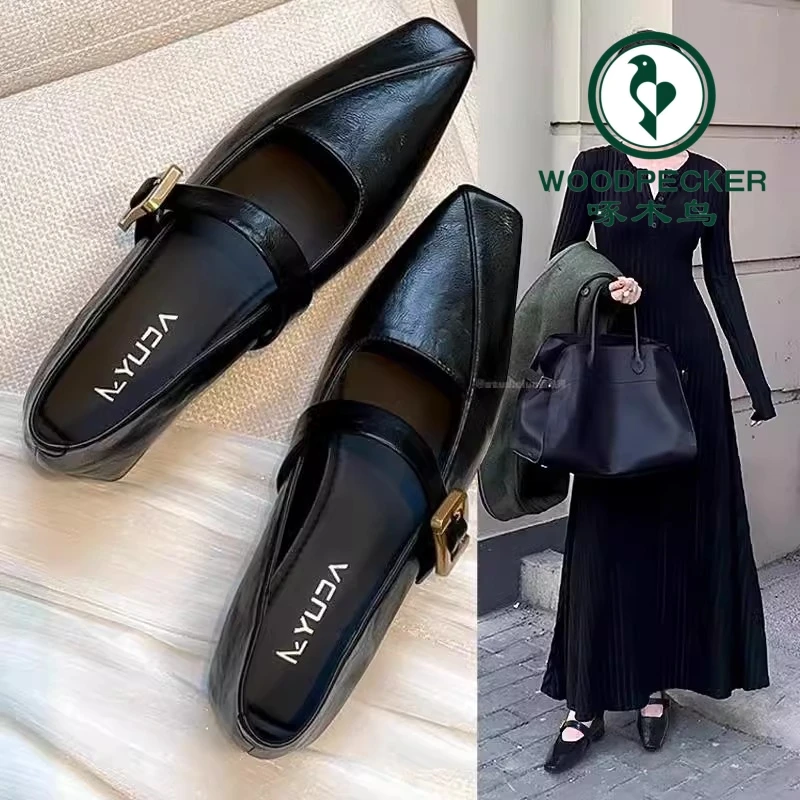啄木鸟玛丽珍鞋女2025春季新款百搭一字扣带软底舒适浅口方头单鞋