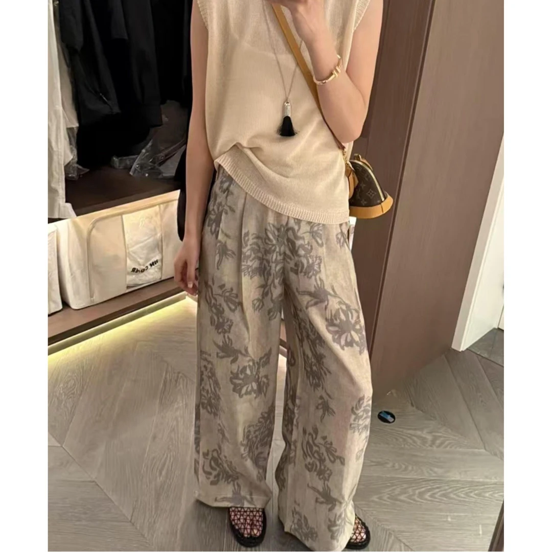 时尚潮流复古印花阔腿裤女夏季新款高腰宽松显瘦垂感拖地休闲裤
