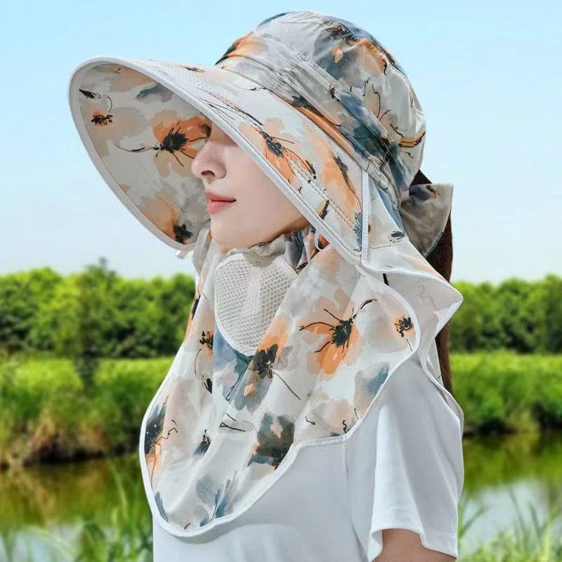 夏季女款防晒帽子大帽檐带口罩披肩防沙采茶帽户外干活清凉女帽