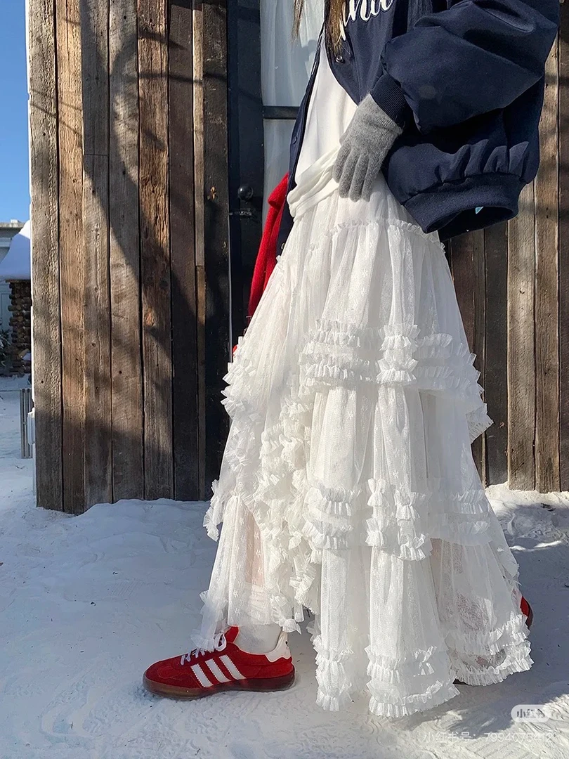 韩版时尚百搭蓬蓬白色蕾丝长群半裙