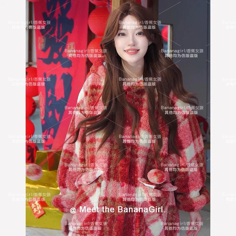 Bananagirl【新年红】睡衣女秋冬连帽中长款睡袍循环加厚家居可外穿