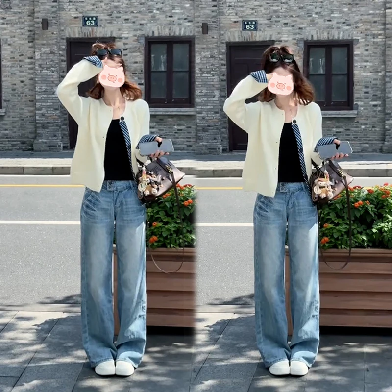 时尚简约淑女韩系格子撞色拼接毛针织开衫洋气毛衣女2024秋季套装