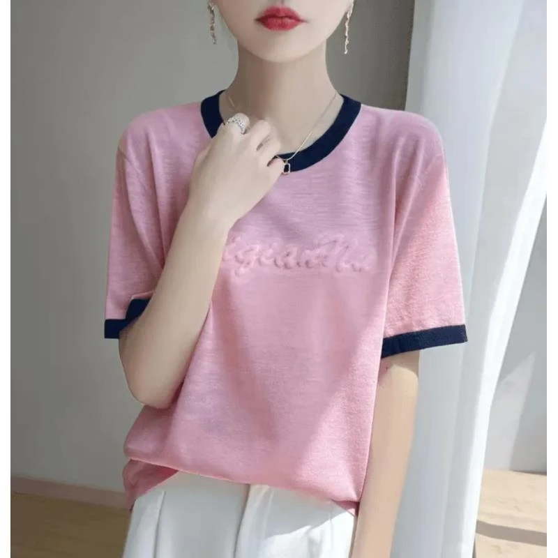 【榕佰】夏新款竹节麻圆领拼色立体字母针织短袖百搭时尚显瘦宽松