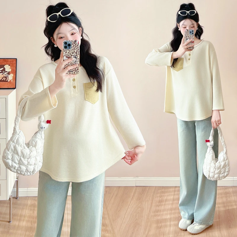 【早春新品】小清新孕妇装休闲圆领长袖卫衣时尚百搭款显瘦T恤衬衫