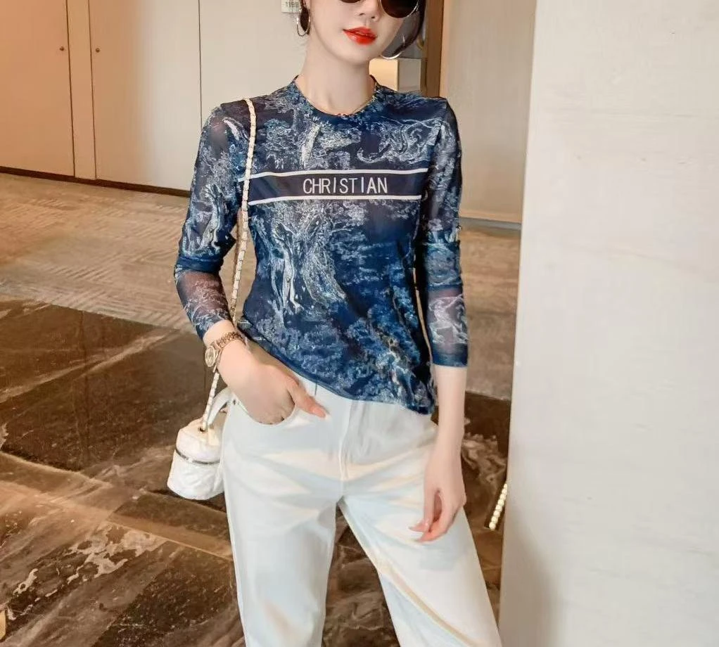 [1216]2024年时尚经典款格纹网纱长袖女士