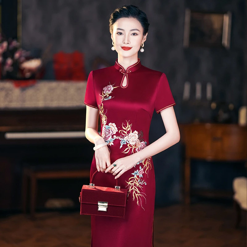 工厂年轻喜婆婆婚宴礼服夏季醋酸缎刺绣结婚妈妈旗袍高贵中国风长