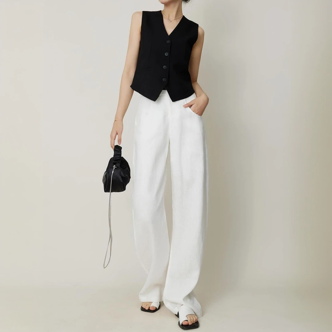 纯亚麻防透白色宽松阔腿裤女裤裤子春夏2025年小个子亚麻直筒裤子