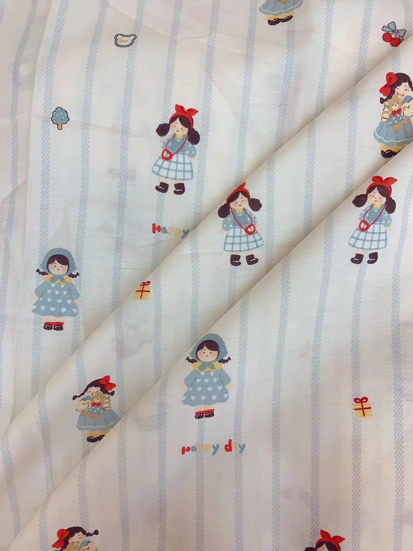 【全棉斜纹布料】条纹小女孩100棉diy面料宽幅2.35米1米价连拍连裁