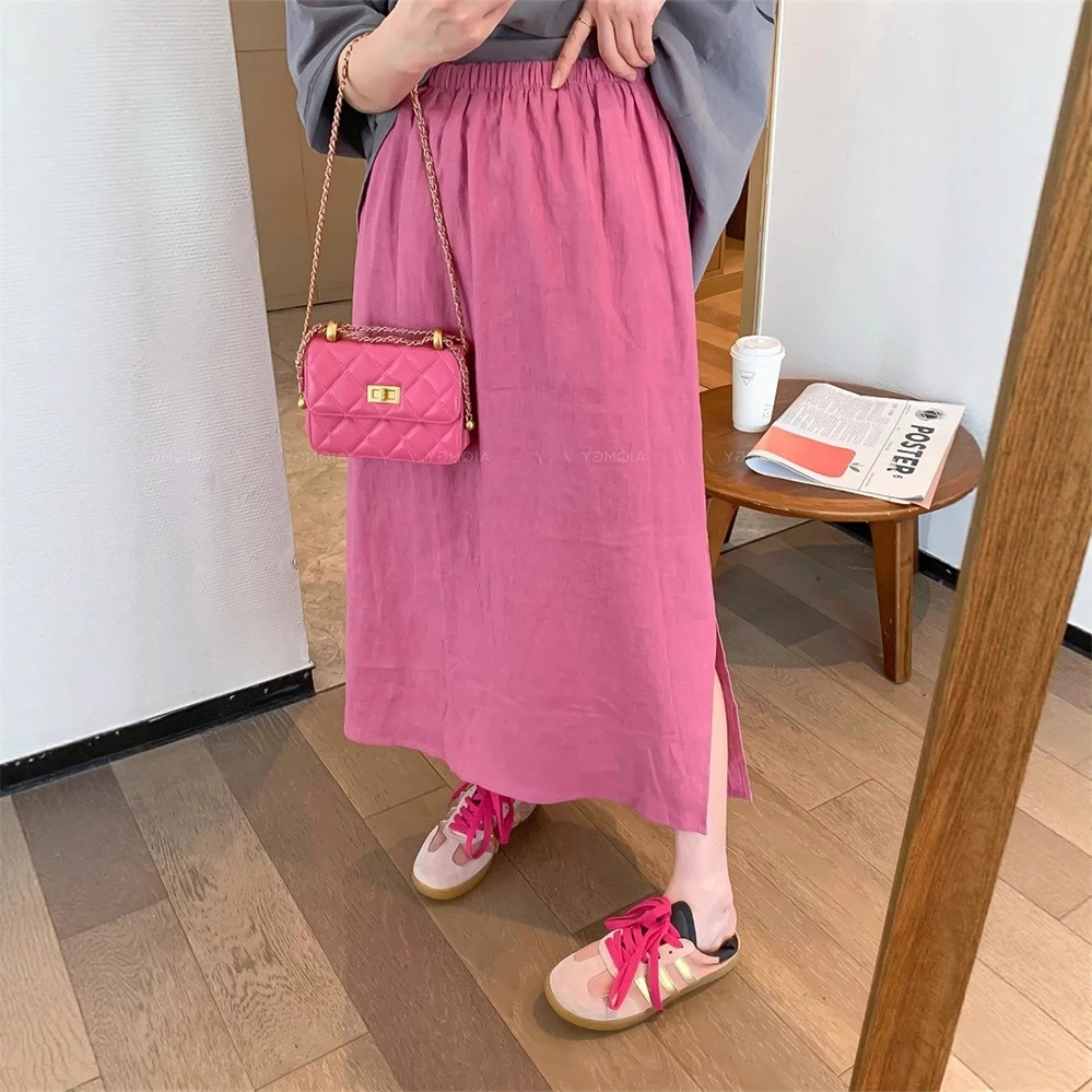 设计感气质开叉棉麻半身裙女夏薄款a字高腰显瘦垂坠感亚麻长裙子
